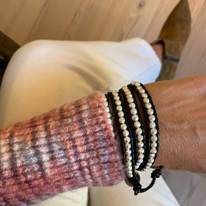 Leather string wrap bracelet with silver beads